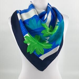 Vintage Lanvin Paris Womens Blue Green Floral Square Silk Scarf 34 x 34